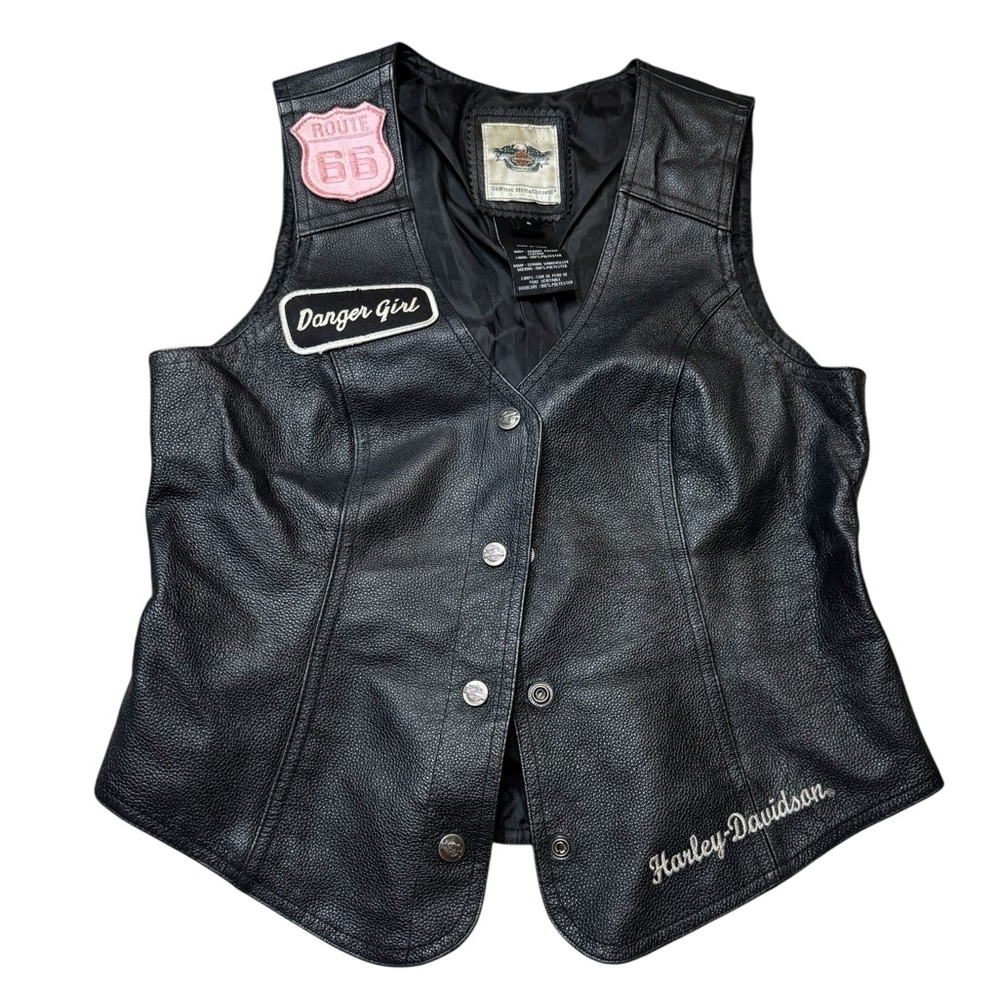 ✨ Harley-Davidson Black Leather Vest Pink‎ Logo Patches Small Biker ✨